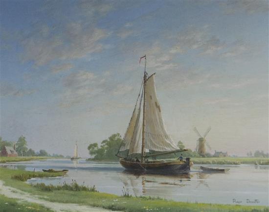 Roger Desoutter, oil on canvas board, river scene, 39.5 x 49.5cm
